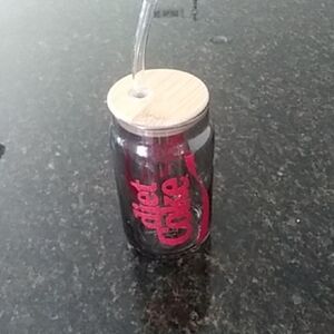 Glass Jar with Straw and Wooden Lid